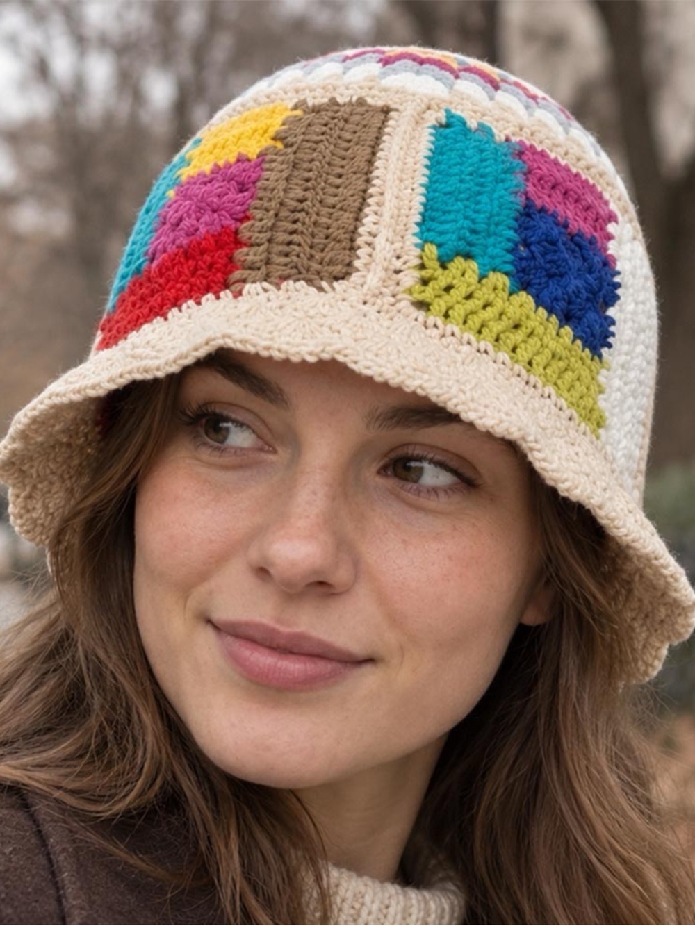 Hand-Crocheted Multicolor Bucket Hat - Cream Base